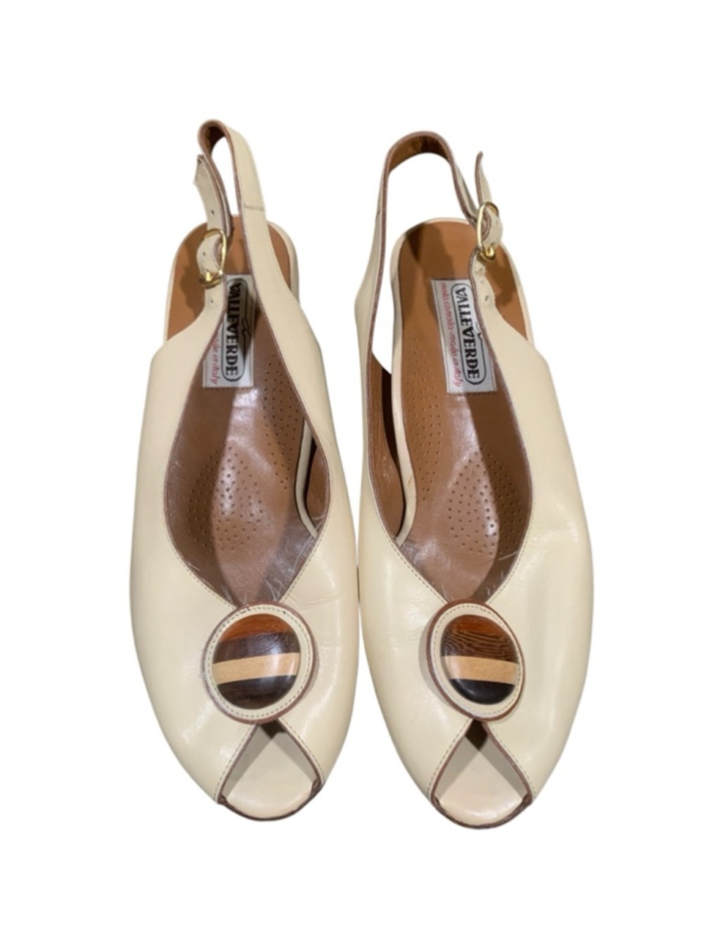 Vntg 70’s sling back peep toe kitten heel sandal VALLEVERDE Beige Brown Sz 7.5